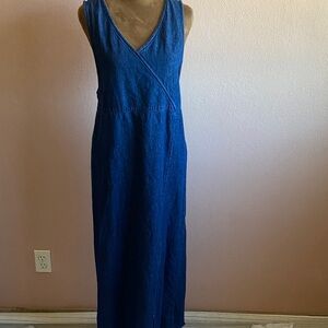 STYLE STUDIO 100% Cotton Sleeveless Dark Blue Denim Maxi Dress with V-Neck